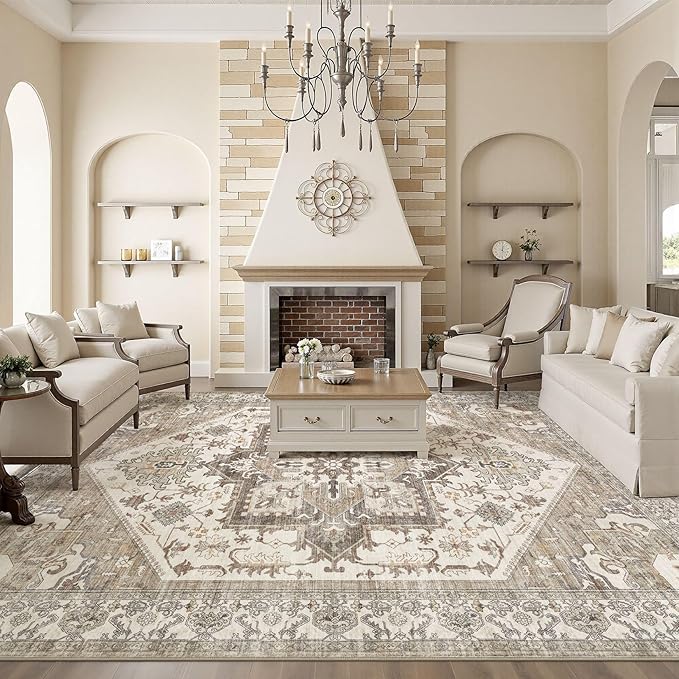 10x14 Area Rug for Living Room- Machine Washable Soft Oriental Vintage Large Indoor Floor Carpet for Bedroom Under Dining Table Home Office Decor - Beige Brown