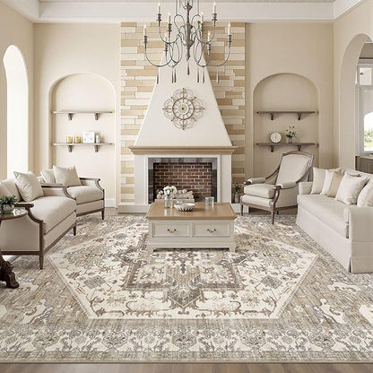 10x14 Area Rug for Living Room- Machine Washable Soft Oriental Vintage Large Indoor Floor Carpet for Bedroom Under Dining Table Home Office Decor - Beige Brown