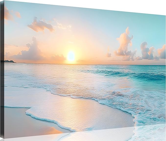 TutuBeer Beach Pictures Wall Art Beach Canvas Wall Art White Ocean at Sunrise Print on Canvas Seascape Paintings Coastal Picture Framed Artwork for Bathroom Living Room Office Home Decor 30" x 40"