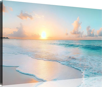 TutuBeer Beach Pictures Wall Art Beach Canvas Wall Art White Ocean at Sunrise Print on Canvas Seascape Paintings Coastal Picture Framed Artwork for Bathroom Living Room Office Home Decor 16" x 24"