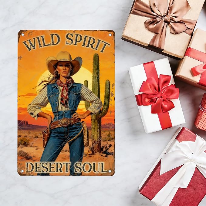 Cowgirl Vintage Metal Sign Wild Spirit Desert Soul Sign Retro Metal Plaque for Home Bar Garage Coffee Shop Wall Decoration 12x8 Inch