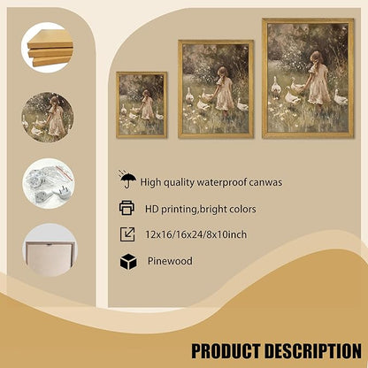 Wood Framed Canvas Wall Art, Vintage Girl with Ducks Painting Poster, Countryside Pastoral Landscape Print Picture, Rustic Farmhouse Wall Decor for Living Room Bedroom Nursery 8x10 inch