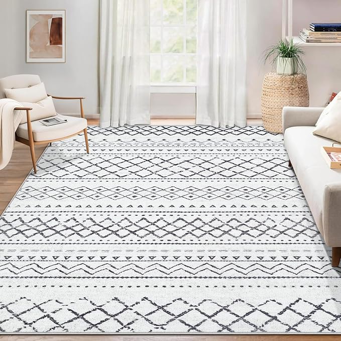 Area Rug for Living Room 9x12: Large Washable Boho Moroccan Rugs Geometric Neutral Rug, Non-Slip Foldable Morden Farmhouse Indoor Floor Carpet for Bedroom Dining Table Home（Black,9'X12'）