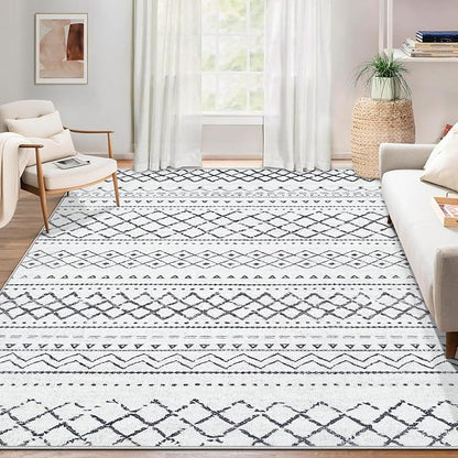 Area Rug for Living Room 6x9: Large Washable Boho Moroccan Rugs Geometric Neutral Rug, Non-Slip Foldable Morden Farmhouse Indoor Floor Carpet for Bedroom Dining Table Home(Black,6'X9')