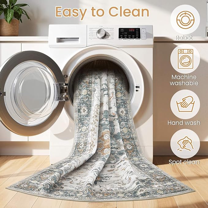 EIEIHOUSE Washable Area Rugs for Living Room - 7x9 Neutral Vintage Distressed Floral Farmhouse Boho Large Soft Floor Rug Indoor Non Slip Carpet for Living Room Bedroom Dining Room Office - Green/Grey