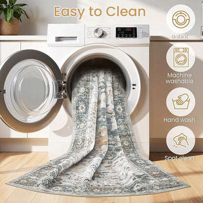 EIEIHOUSE Washable Area Rugs for Living Room -9x12 Neutral Vintage Distressed Floral Farmhouse Boho Large Soft Floor Rug Indoor Non Slip Carpet for Living Room Bedroom Dining Room Office -Green/Grey
