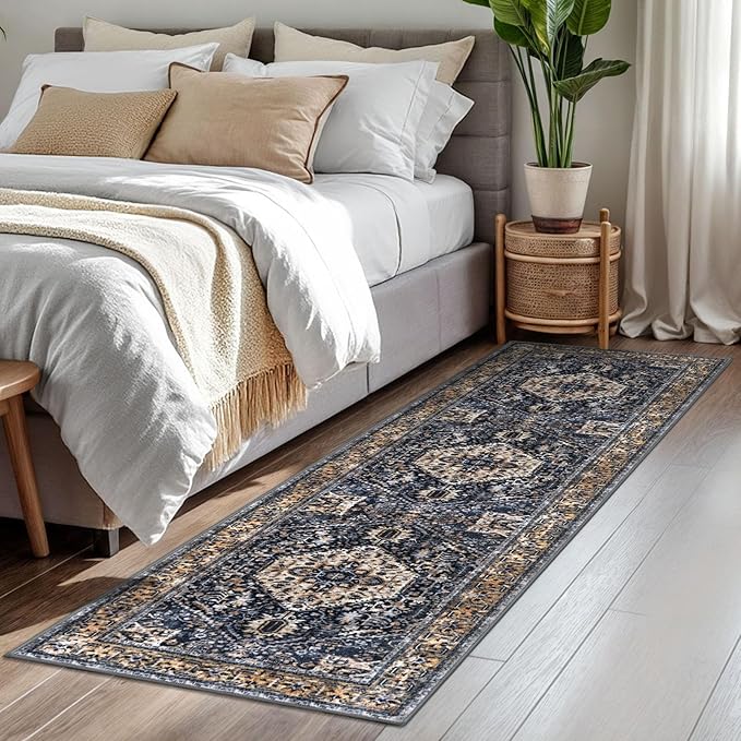 KOZYFLY Runners for Hallways 2x7 Ft Washable Kitchen Runner Rug Boho Runner Rug for Entryway Indoor Gold/Orange/Navy Printed Oriental Faux Wool Floor Carpet Runner for Bedroom