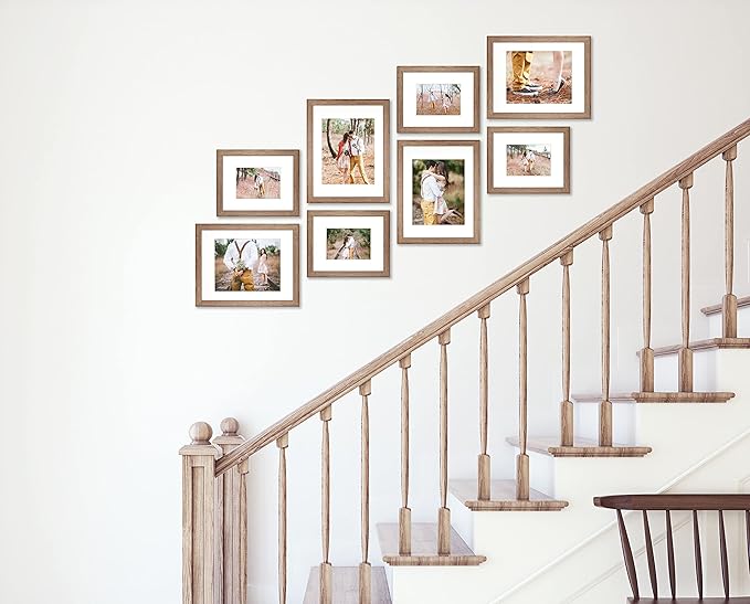VELISTA 8 Piece Stair Picture Frame Set for Wall Collage - Stairwell Gallery Frame Set Rustic Stairway Decor - Wooden Ladder Picture Frames with Mat - Farmhouse Staircase Wall Decor (Walnut)
