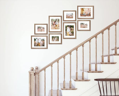 VELISTA 8 Piece Stair Picture Frame Set for Wall Collage - Stairwell Gallery Frame Set Rustic Stairway Decor - Wooden Ladder Picture Frames with Mat - Farmhouse Staircase Wall Decor (Walnut)