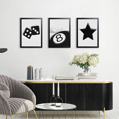 Black And White Wall Art Set of 3, Vintage Y2k Dice 8 Ball Canvas Prints Painting, Funky Lucky Preppy Posters Pictures For Game Room Apartment Dorm Teenager Room Wall Decor 12x16 Inch Framed