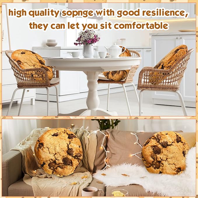 Unittype 6 Pcs 13.4" Chocolate Chip Cookie Pillows Round Throw Pillow Plush 3D Digital Print Funny Food Shaped Soft Stuffed Seat Pad Cushion for Bedroom Couch Sofa Chair Floor Decor Gifts