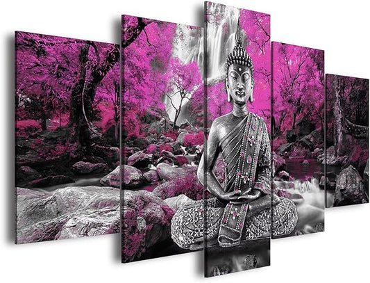 AWLXPHY Decor Buddha Waterfall Wall Art Canvas Painting Framed 5 Panels for Living Room Decoration Modern Landscape Buddha Water Trees Zen Stretched Artwork Giclee (Purple, 60''x30'')