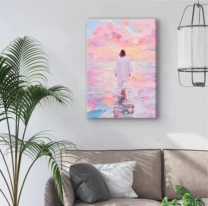 Jesus Canvas Wall Art Pink Jesus Walks on Water Canvas Paintings Prints Religious Savior Wall Decor Christian Bible Stories Poster printing Artwork for Living Room Bedroom Church Decoration 24x36in