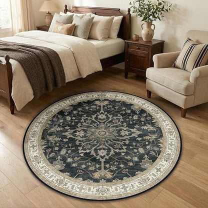 RELEANY Area Rugs Round 4ft Washable Non-Slip, Floral Vintage Distress Print Pattern Medallion Carpet for Living Room Bedroom Dining Room, Vintage Black Brown Neutral