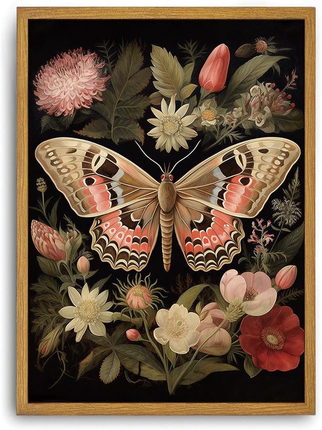 Djmwtb Framed Wall Art Vintage Wall Decor Butterfly Canvas Art Floral Pictures Insect Paintings Botanical Prints Moody Artwork for Bedroom Living Room