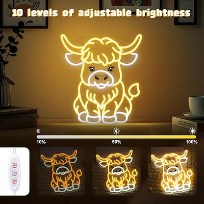 OkiyiD Highland Cow Neon Sign, Cow Decor Wall Art Gifts for Kids, Animal Themed Wall Decor for Bedroom,Living Room,Rustic Farmhouse,USB-Powered Energy-Saving Light with Hanging Kit