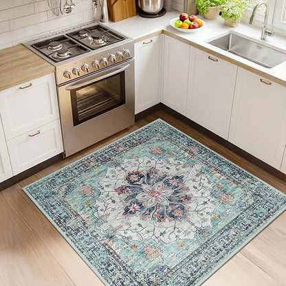 RELEANY Area Rugs Square 4ft Washable Non-Slip, Floral Vintage Distress Print Pattern Medallion Carpet for Living Room Bedroom Dining Room, Green Navy Blue White Red Teal Colorful