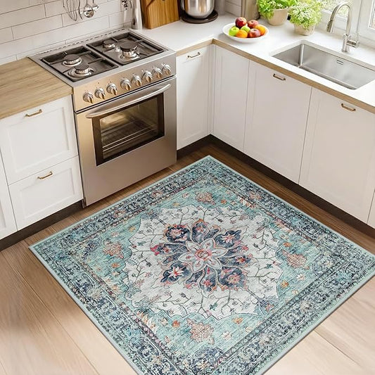RELEANY Area Rugs Square 4ft Washable Non-Slip, Floral Vintage Distress Print Pattern Medallion Carpet for Living Room Bedroom Dining Room, Green Navy Blue White Red Teal Colorful
