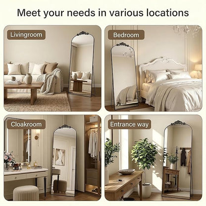 Antok Arched Full Length Mirror, 64"x21" Floor Mirror with Carved, Full Body Mirrors for HomeDecor, Standing/Halling Large Wall Mirror for Bedroom, Living Room, Cloakroom, Black, Vintage Style