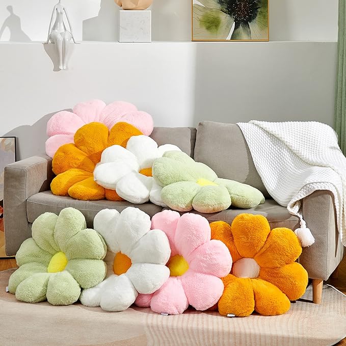 17.7" White Flower Pillow Decorative Throw Cushion – Plush Faux Rabbit Fur, Cute Girls Pillow for Bedroom & Dorm Decor