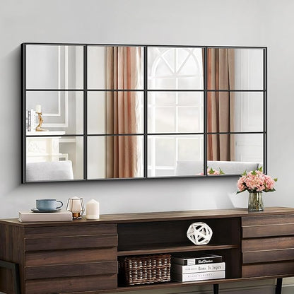 Rectangle Window Mirror Wall Mounted, 30"×55" Window Pane Mirror Wall Decor Metal Framed, Large Black Mirror for Bedroom Living Room Fireplace Entryway Hanging or Leaning Against Wall