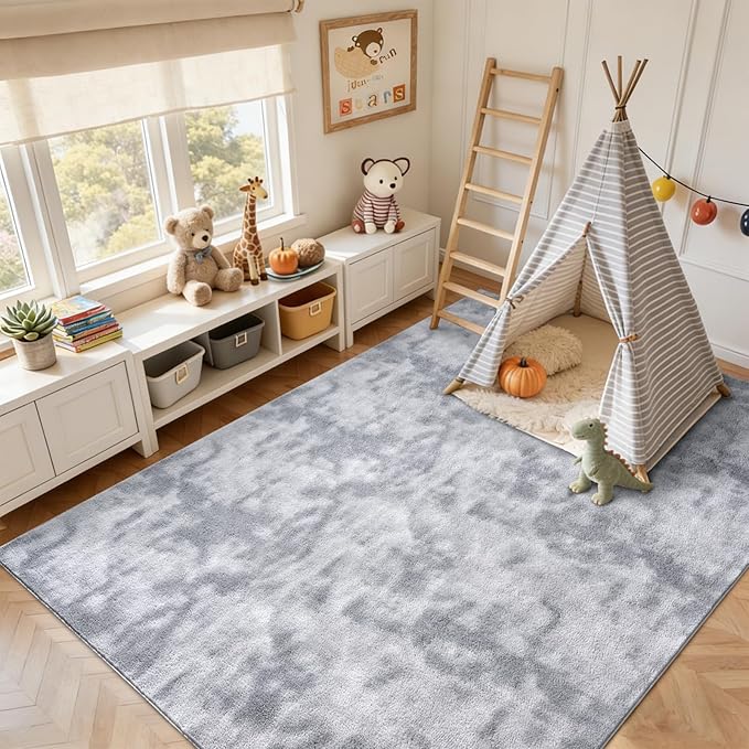 FinRèc 4x6 Washable Area Rugs for Bedroom Living Room, Low Pile Thin Ultra Soft Shag Rug, Non-Slip Carpet Indoor for Home Decor (Tie-dye Grey)