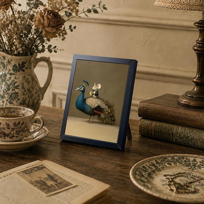 Funny Peacock & Mouse Canvas Wall Art, Abstract Animal Canvas Print Poster, A Funny Mouse Riding a Peacock Wall Decor Painting, for Living Room Bedroom Bathroom Decor 8x10 Inch Framed