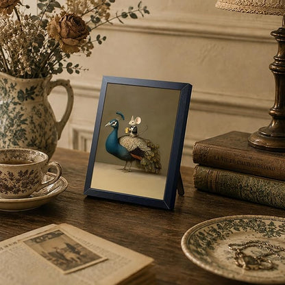 Funny Peacock & Mouse Canvas Wall Art, Abstract Animal Canvas Print Poster, A Funny Mouse Riding a Peacock Wall Decor Painting, for Living Room Bedroom Bathroom Decor 8x10 Inch Framed