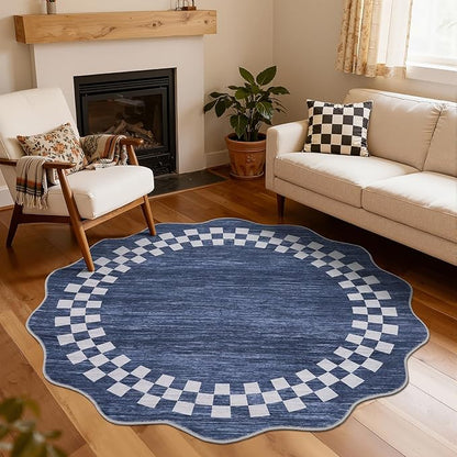 6ft Washable Round Rug for Entryway Modern Checkered Bedroom Circle Rug Non Slip Soft Dining Room Round Throw Carpet Large Stain Resistant Border Round Rugs for Living Room Kitchen Bathroom, Blue