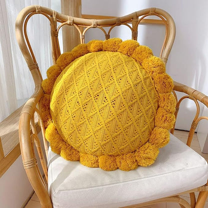 IXITON Round Creative Knitting Pompoms Pillow Sunflower Pillow Decorative Cushion Throw Pillow with Insert Plush Pillow for Couch Sofa Bed, 20 Inch (Light Yellow)