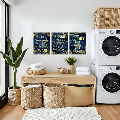 sechars Laundry Room Wall Art Wash Dry Fold Laundry Sign Painting Canvas Prints Blue and Gold Bathroom Laundry Decor (Blue)