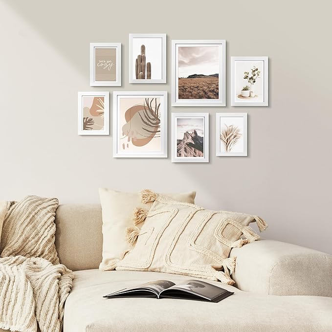 ArtbyHannah Gallery Wall Frame Set,White Picture Frames Collage Wall Decor with Neutural Art for Living Room Stariway,8 Pack Assorted Size 8"x10",5"x7",4"x6", Small