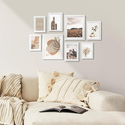 ArtbyHannah Gallery Wall Frame Set,White Picture Frames Collage Wall Decor with Neutural Art for Living Room Stariway,8 Pack Assorted Size 8"x10",5"x7",4"x6", Small