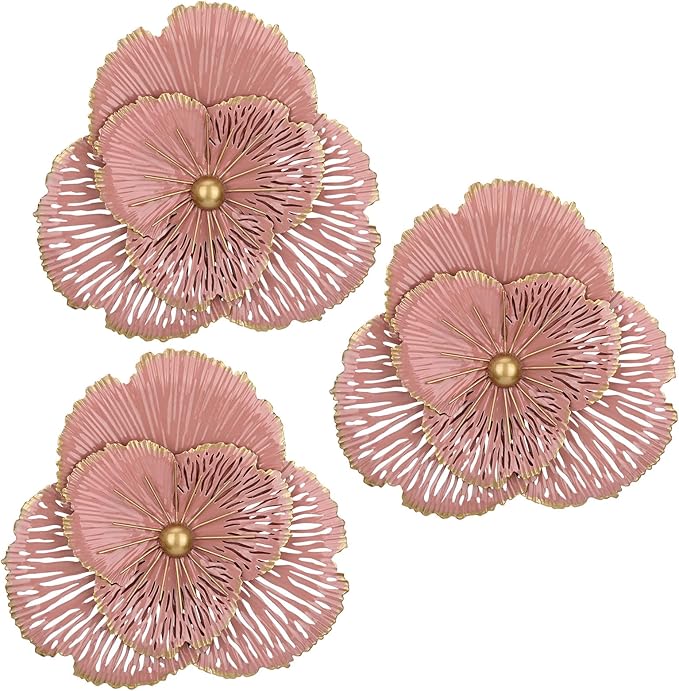 DILATATA 3 Pcs Metal Flower Wall Art Set 10 Inch Rustic Modern Floral Sculpture 3D Metal Flower Wall Hanging Accent for Indoor Living Room Bedroom Kitchen Bathroom Garden Patio Decor - Pink