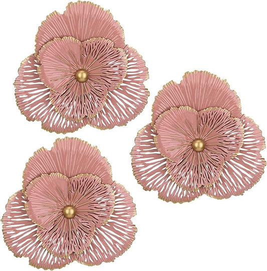DILATATA 3 Pcs Metal Flower Wall Art Set 10 Inch Rustic Modern Floral Sculpture 3D Metal Flower Wall Hanging Accent for Indoor Living Room Bedroom Kitchen Bathroom Garden Patio Decor - Pink