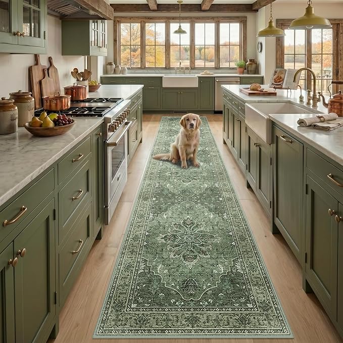 RELEANY Area Rugs 2'x10' Runner Rug Non Slip Washable for Kitchen Hallway Bedroom Beside Laundry Room Bathroom Rug, Floor Carpet, Dark Green Gray