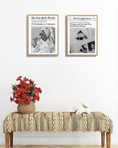 EcoHest Small 8x10 in Beige OAK Wood Framed Wall Art, I'll Be Ready in 5 Minutes Newspaper Print, Feminist Makeup Canvas Wall Art Home Decor, Retro Bathroom Decor, Set of 1 For Bedroom Living Room