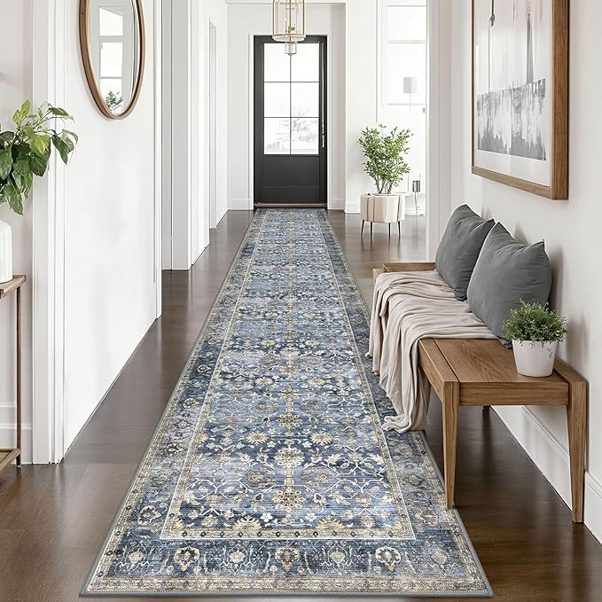 KUTA Vintage Washable Runner Rug 2.6x14, Non-Slip Hallway Kitchen Runners Blue Grey Beige with Rubber Backing, Ultra Soft Printed Distressed Extra Long 14ft Carpet Rugs Indoor for Stairs