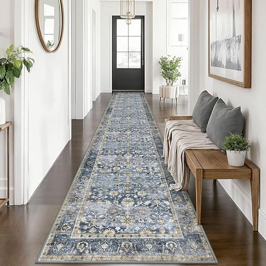 KUTA Vintage Washable Runner Rug 2.6x14, Non-Slip Hallway Kitchen Runners Blue Grey Beige with Rubber Backing, Ultra Soft Printed Distressed Extra Long 14ft Carpet Rugs Indoor for Stairs