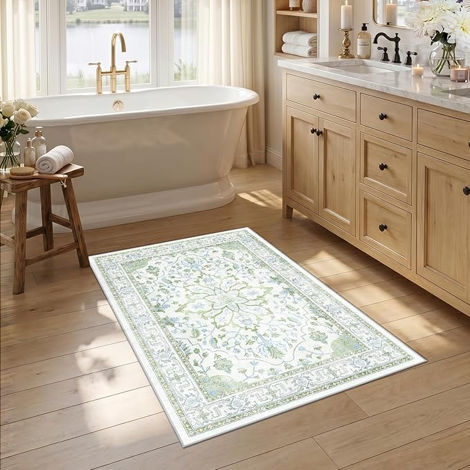 RELEANY Area Rugs 2'6"x4' Kitchen Rugs Entry Rug Small Rugs for Entryway Kitchen Bathroom Door Mat Indoor Entrance,Washable Non Slip, Green White Blue
