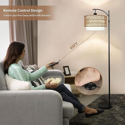ZECOXOL Arc Floor Lamp with Table and Shelves,Rattan Boho Floor Lamp with Remote Control,Rustic Floor Lamps for Bedroom Wicker Standing Lamp with 3 Color Temperature Tall Lamp for Living Room Corner