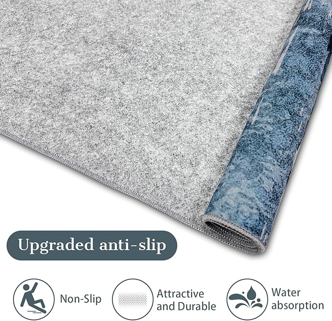 Modern Abstract 2x6 Runner Rug with Non-Slip Backing, Washable Soft Low Pile Runner Rugs for Hallway Kitchen Bedroom Entryway Laundry, Blue Grey