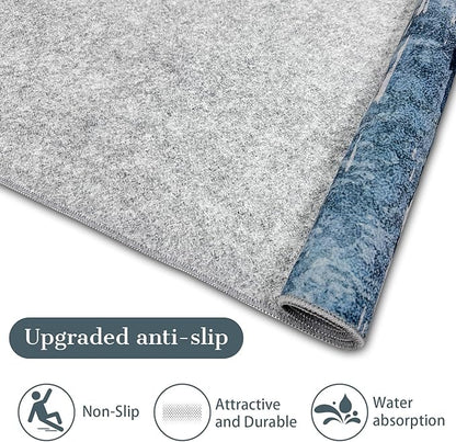 Modern Abstract 2x6 Runner Rug with Non-Slip Backing, Washable Soft Low Pile Runner Rugs for Hallway Kitchen Bedroom Entryway Laundry, Blue Grey