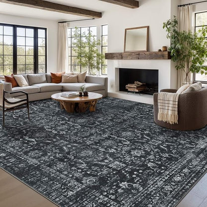 Rugxara 9x12 Area Rugs for Living Room Bedroom, Large Washable Rug, Black Vintage Floral Boho Rug, Non Slip & Low Pile Faux Wool Thin Carpet for Indoor Dining Room and Kids Room(Black 9x12ft)