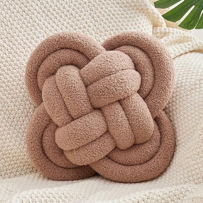 Knot Pillow, 12" Soft Decorative Throw Pillows for Couch Bed, Gray Pink Knotted Plush Throw Pillow Handmade Square Cushion Home Decor Pillows (Dark Khaki, 12 Inches X12 Inches)