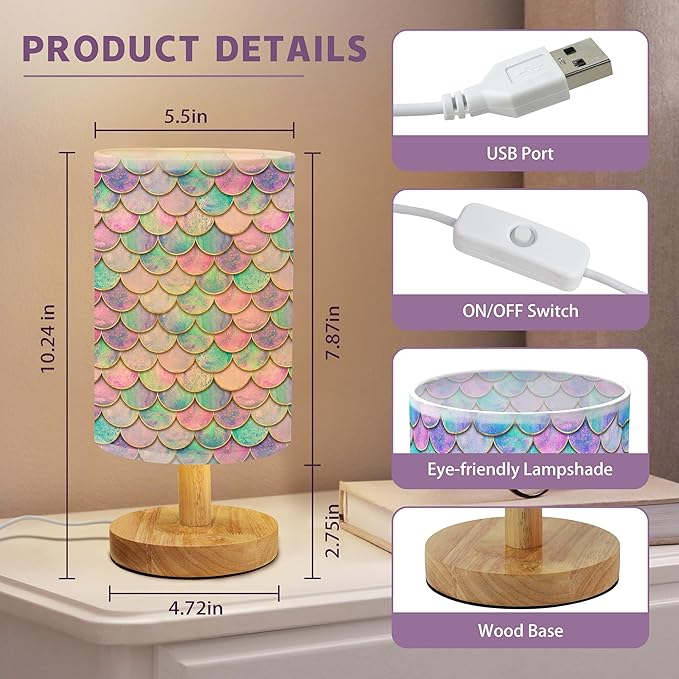 Rainbow Scales Mermaid Bedside Table Lamp for Bedroom with USB Port, Cute Cozy Kids Nightstand Lamp with Wood Base Polyester Fabric Shade for Living Room Dorm Desk (Rainbow01)