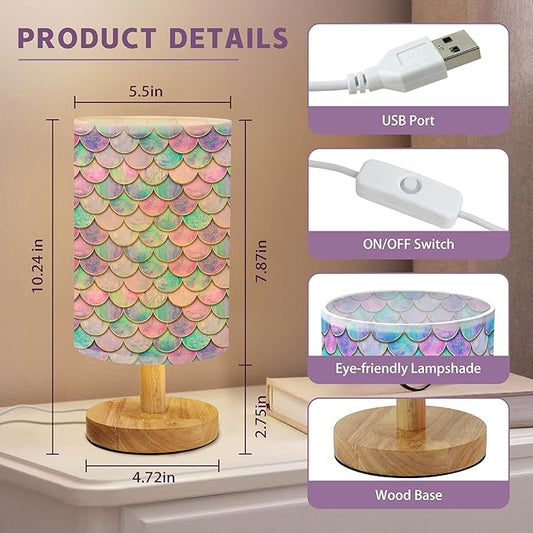 Rainbow Scales Mermaid Bedside Table Lamp for Bedroom with USB Port, Cute Cozy Kids Nightstand Lamp with Wood Base Polyester Fabric Shade for Living Room Dorm Desk (Rainbow01)