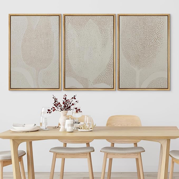 SIGNLEADER Framed Canvas Print Wall Art Set Neutral Beige Tulip Subtle Dot Pattern Illustrations Minimal Decorative Bohemian Nordic for Living Room, Bedroom, Office - 24"x36"x3 NATURAL
