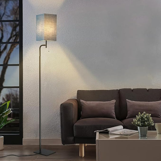 Modern Floor Lamp with 3 Color Temperatures, Square Linen Shade & Solid Iron Flat Base for Stability - Perfect for Compact Spaces Under Sofas or Behind Sectionals, Living Room, Bedroom, Office, Blue
