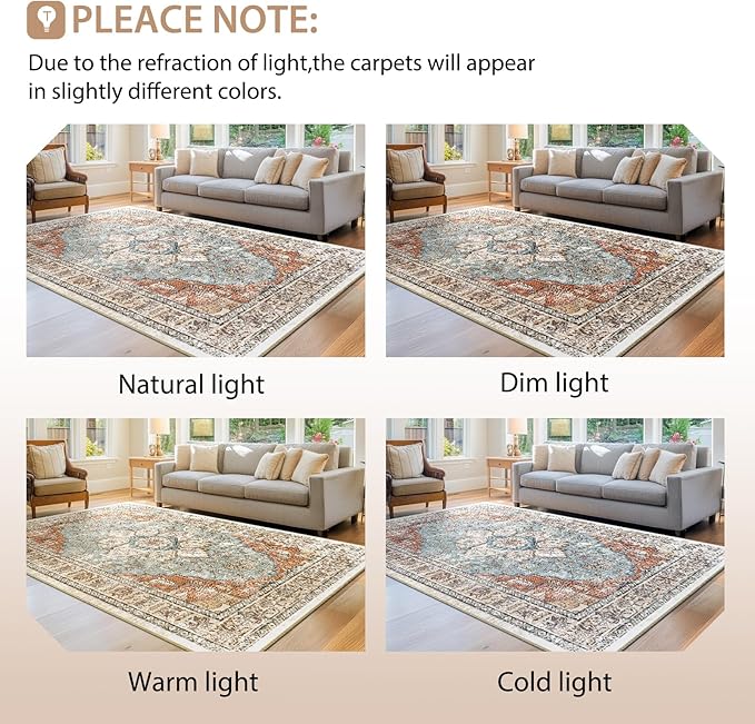 BESTSWEETIE 5x7 Area Rug Washable Rugs for Living Room, No Pile Boho Carpet for Entryway Bedroom Dinning Room, Vintage Carpet Print Distressed Non-Slip, 5 x 7 ft, Green Brick Rust Red